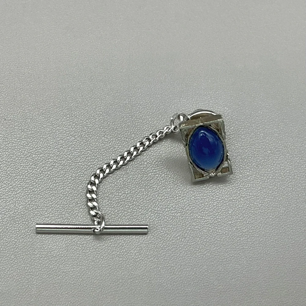 Hickok Tie Tack Vintage Blue Glass Cabochon Silver Tone Chain Men's Accessory